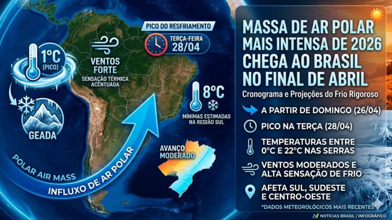 Uma intensa massa de ar frio já tem data marcada para derrubar as temperaturas no Brasil