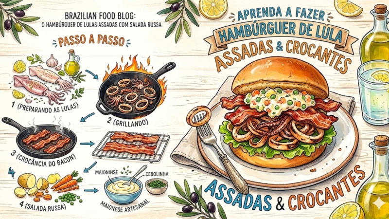 Aprenda a fazer Hambúrguer de Lulas Assadas com Salada Russa
