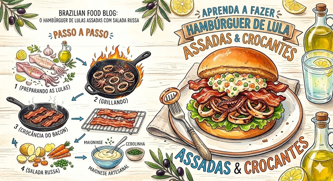 Aprenda a fazer Hambúrguer de Lulas Assadas com Salada Russa