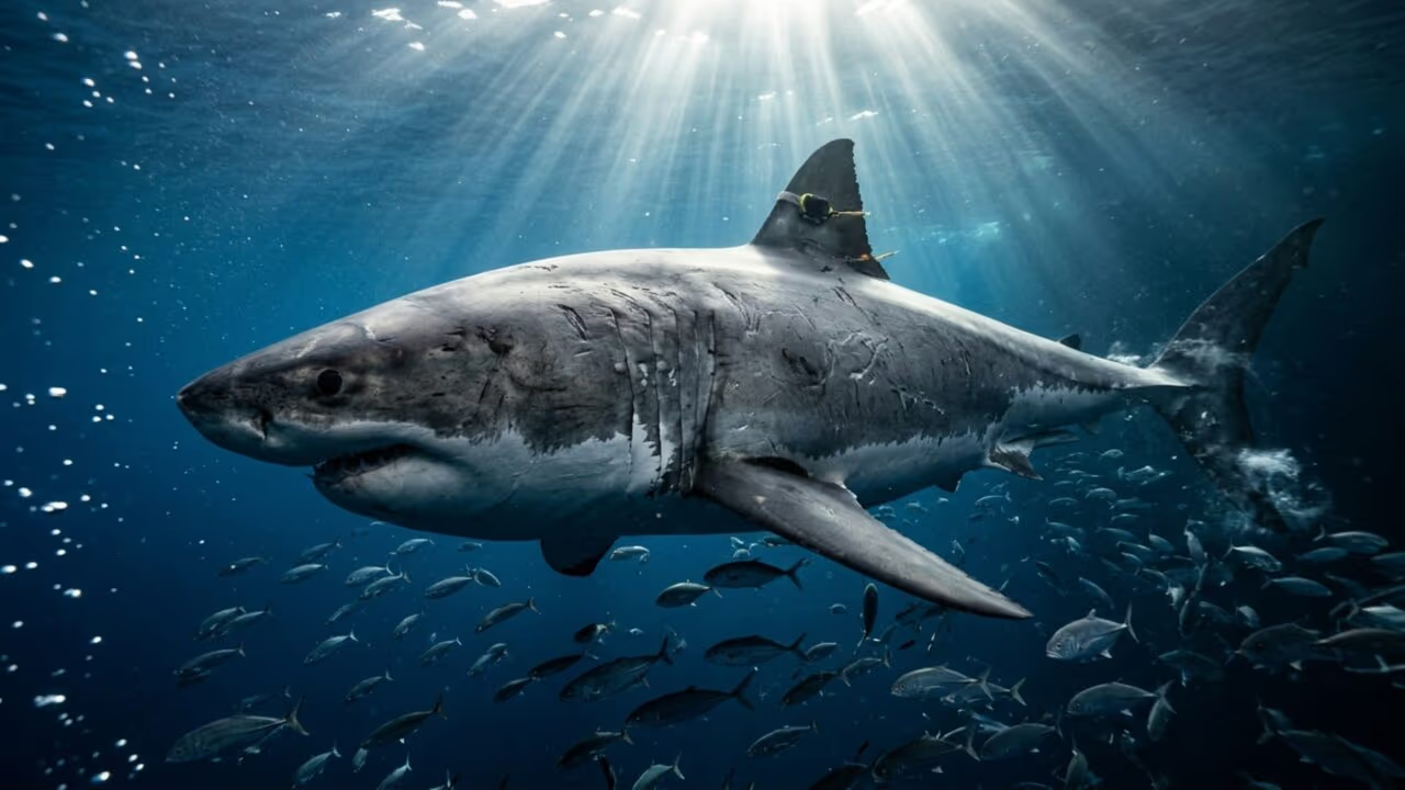 Cientistas registraram o maior tubarão-branco macho dos oceanos pesando mais de 750kg e medindo 4.20m de comprimento