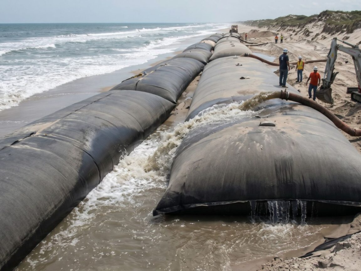 Sacos gigantes de geotêxtil cheios de areia viraram muralhas flexíveis contra erosão