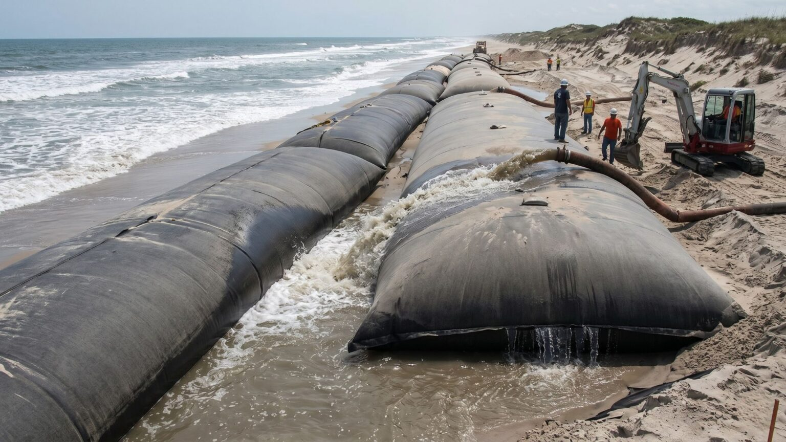Sacos gigantes de geotêxtil cheios de areia viraram muralhas flexíveis contra erosão