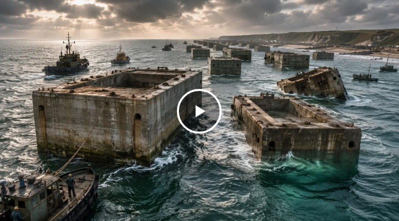 Reino Unido lançou no mar 146 caixões gigantes de concreto, rebocou as estruturas pelo Canal da Mancha e ergueu em poucos dias um porto artificial colossal diante das praias da Normandia
