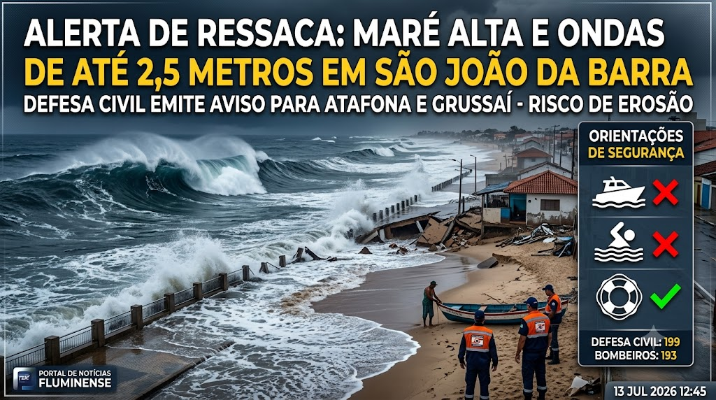 Alerta de ressaca prevê avanço da maré e ondas de até 2,5 metros em São João da Barra após chegada de frente fria