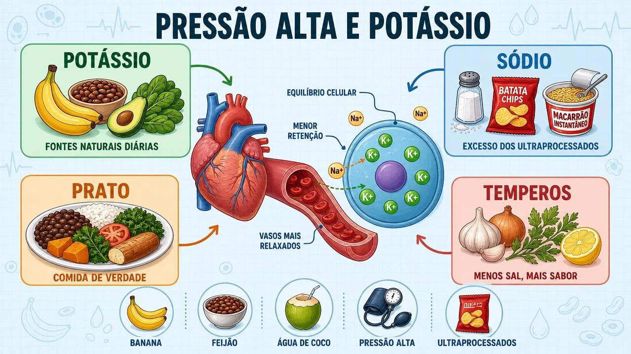 A pressão alta nos adultos modernos não se deve apenas ao excesso de sal presente na dieta, mas sim ao baixo consumo diário de potássio que regula o sódio dentro das células vivas do corpo