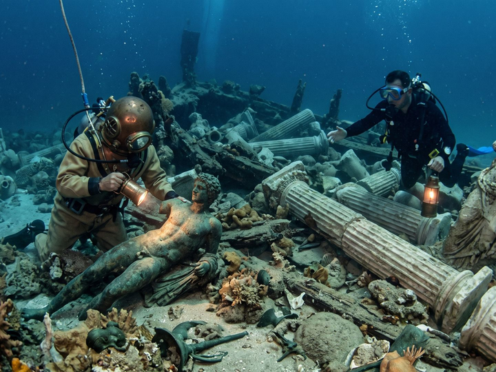 Pescadores mergulharam 40 metros e encontraram estátuas, bronzes e dezenas de colunas de mármore, revelando um navio de 2 mil anos carregado com obras de arte destinadas à elite romana