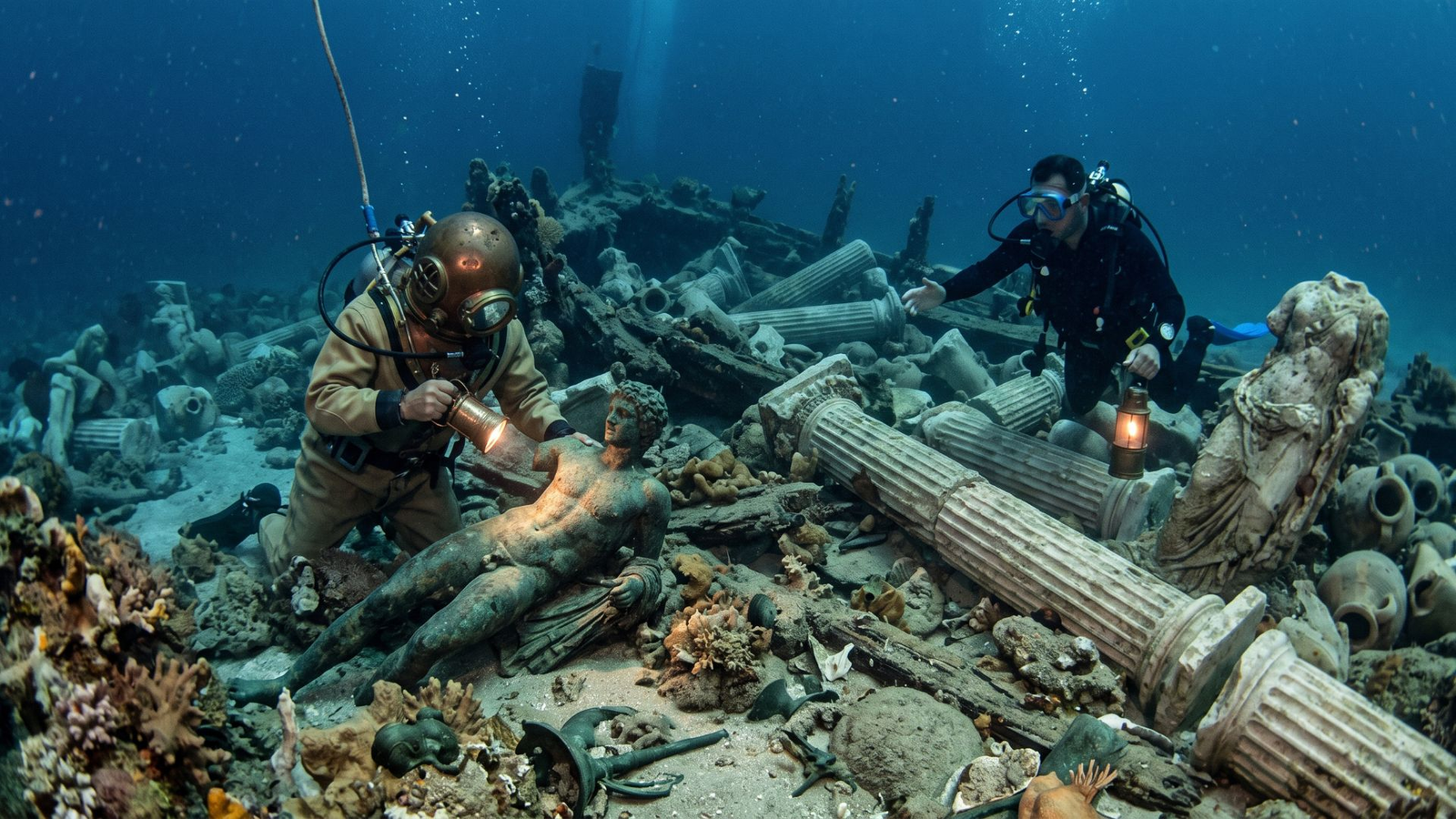 Pescadores mergulharam 40 metros e encontraram estátuas, bronzes e dezenas de colunas de mármore, revelando um navio de 2 mil anos carregado com obras de arte destinadas à elite romana