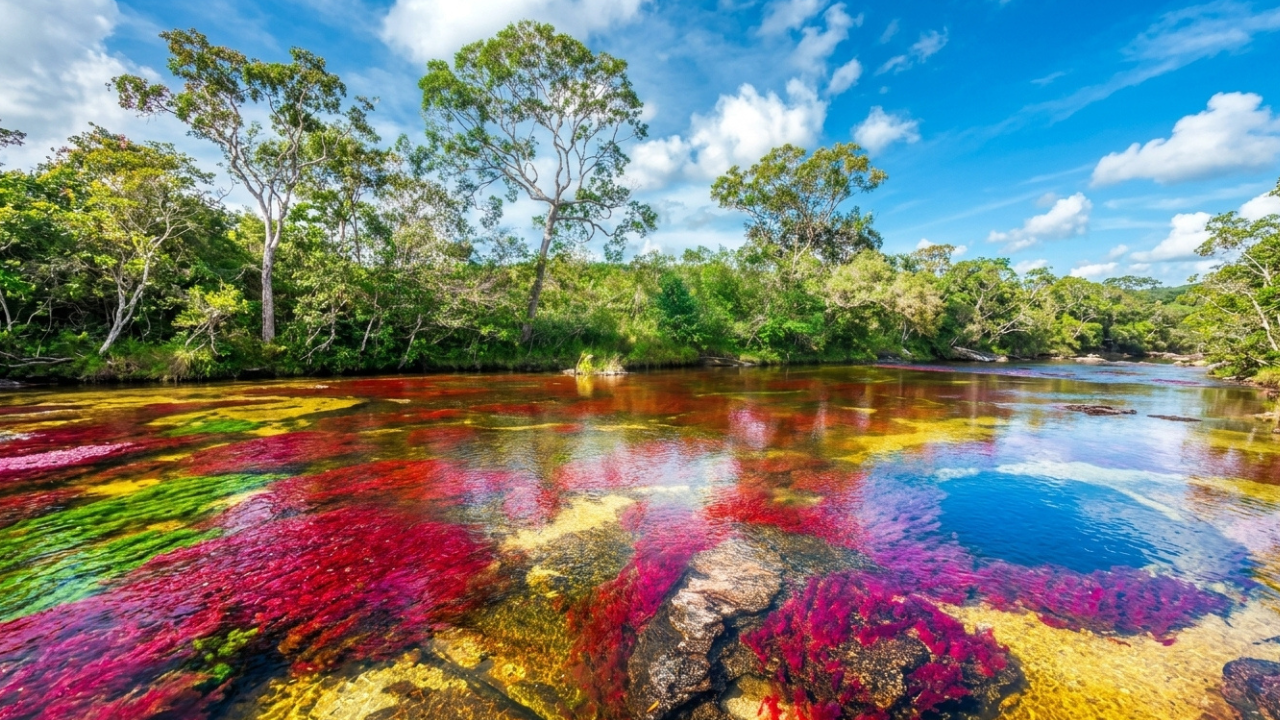 Onde um rio ganha 5 cores: vermelho, amarelo, azul, verde e preto, em um fenômeno único que só aparece entre junho e novembro